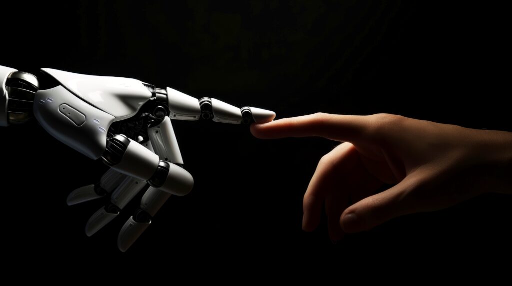 Robot finger making contact with human finger, Generative AI